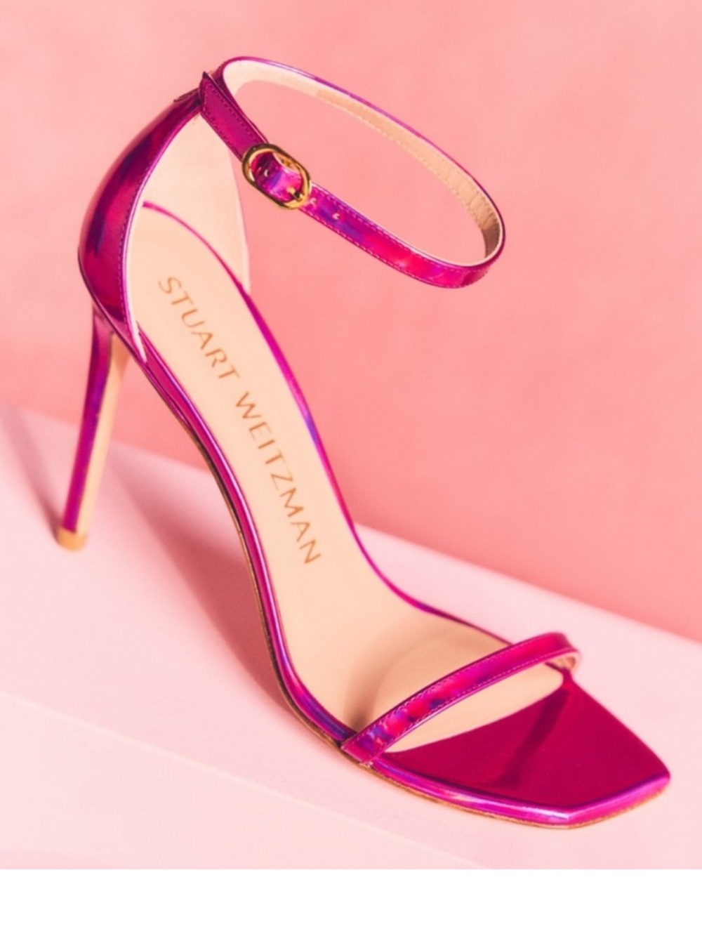 Stuart Weitzman Nudiscurve 100 Metallic Fuchsia Ankle-Strap Stiletto Sandal